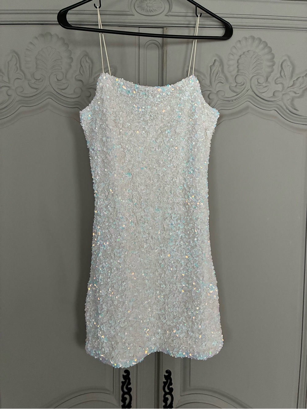 Iridescent White Sequin Spaghetti-Strap Prom Dress
